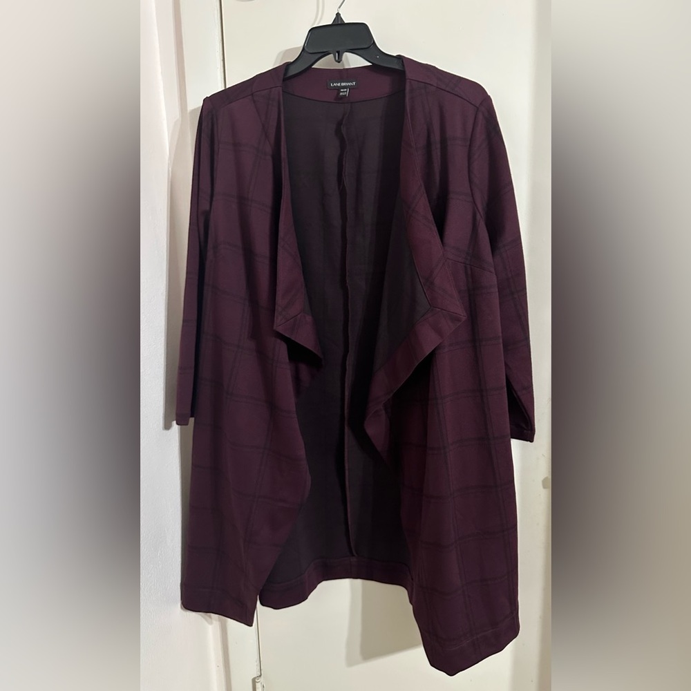 Lane Bryant burgundy plum wine purple black plaid open cardigan duster